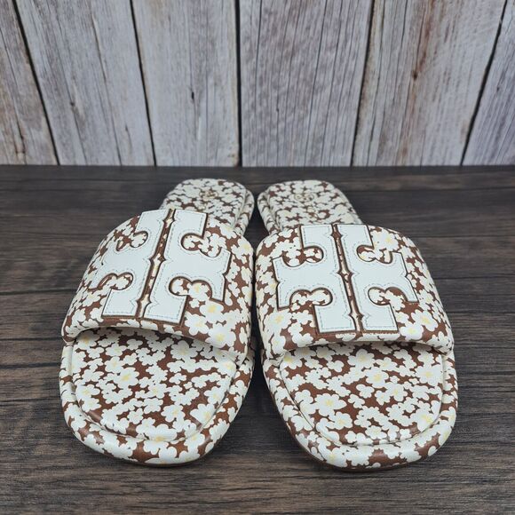 Tory Burch Double T Sport Slide Tumbled Leather Floral Print Women's Sz 9 (VGC) - Picture 2 of 8